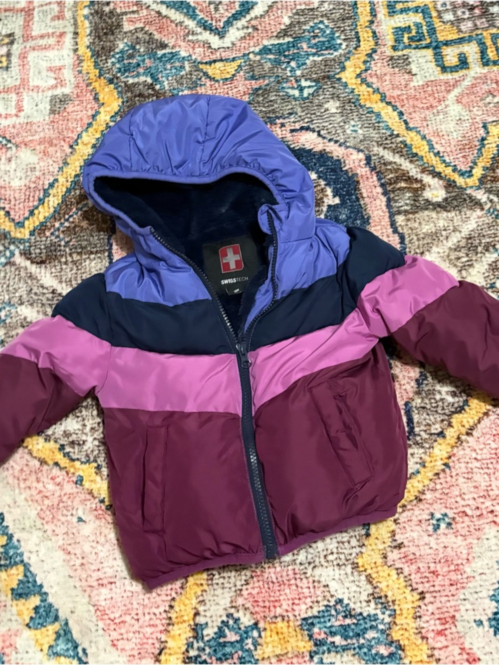 Swiss Tech Kids Hooded Colorblock Puffer Jacket - Purple, Magenta, Navy